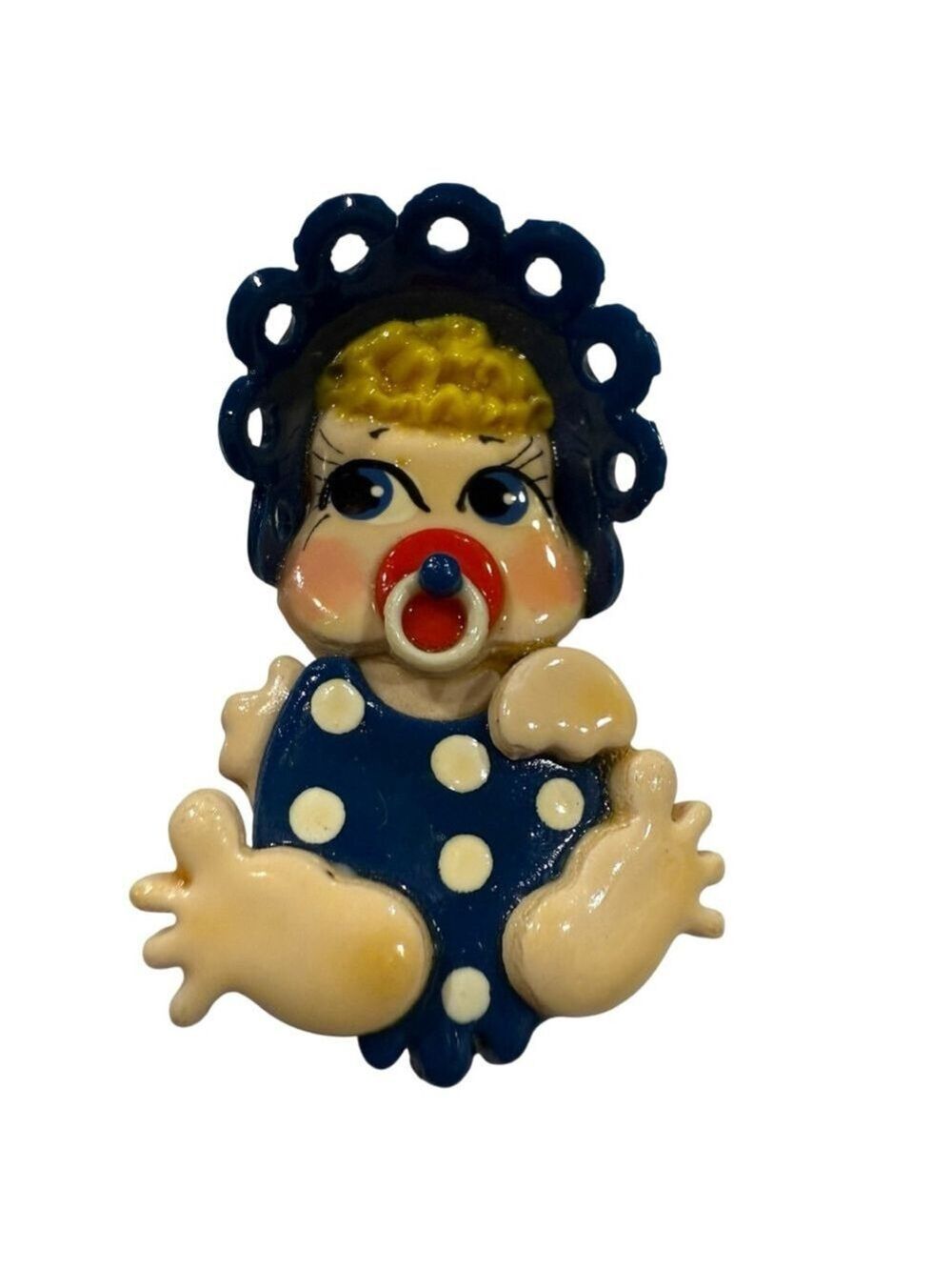 Vintage Baby‎ Brooch Pin – Pacifier, Blue Bonnet & Polka Dot Romper – Figural 2″